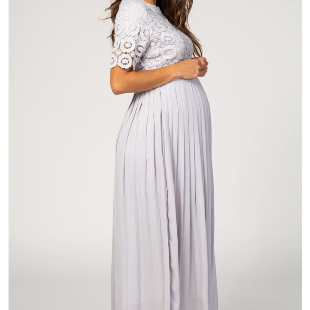 Grey Lace Top Pleated Chiffon Maternity Dress